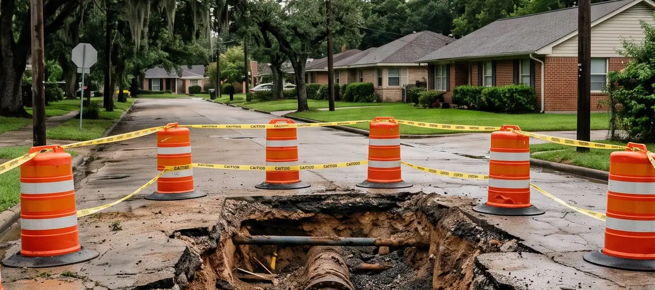 An excavated water main in a residential street, surrounded by traffic barrels